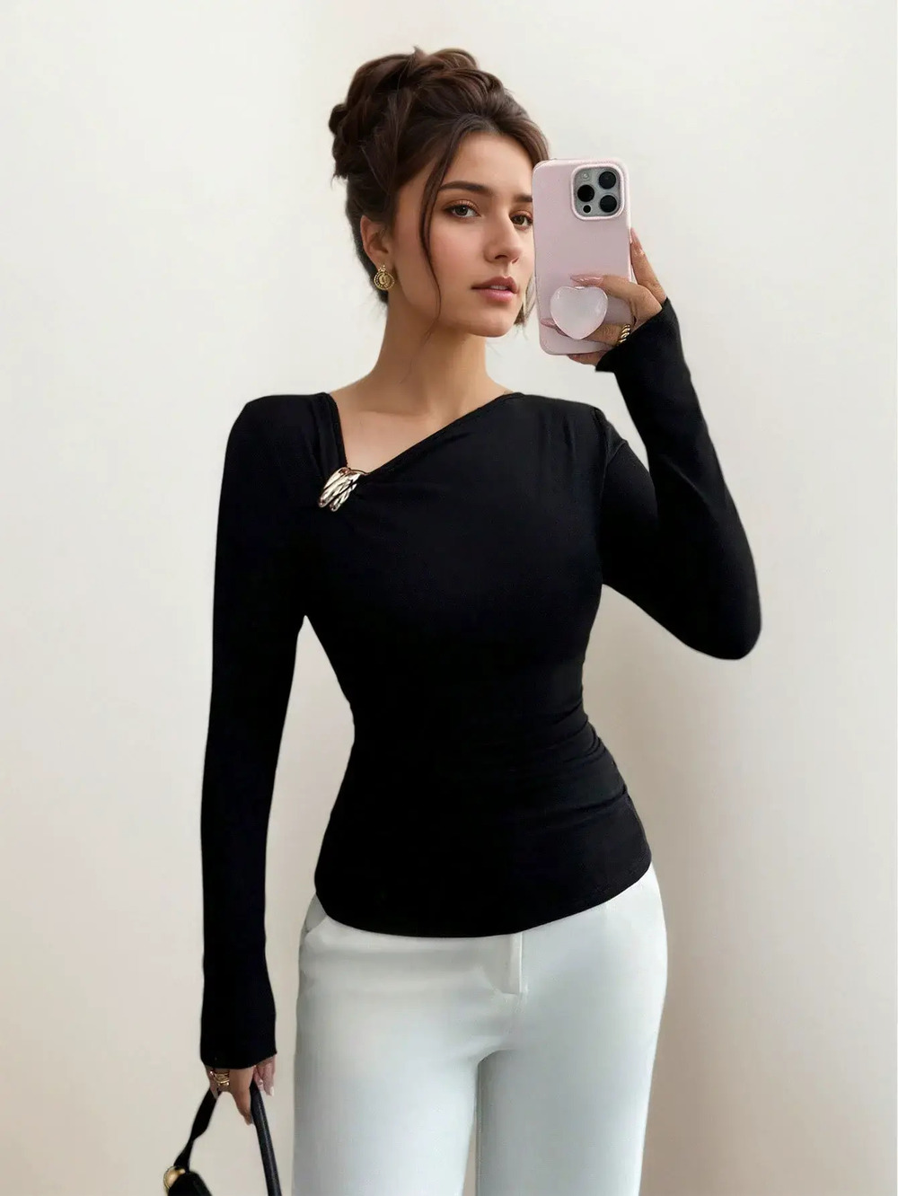 ZARA Asymmetric Pleated Long Sleeve Slim Fit Chic Layering Top Spring Fall